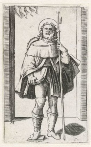 Saint Roch as pilgrim with pilgrim's staff showing plague bubo on leg