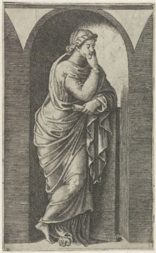 Muse with scroll leaning on a pillar