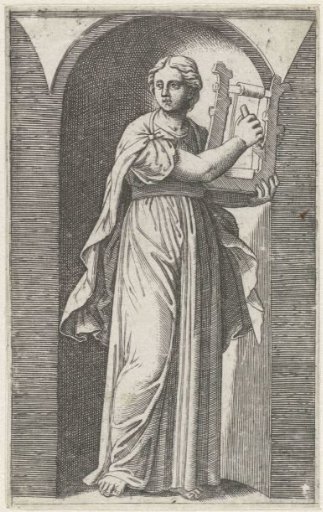 Muse with harp standing in a niche