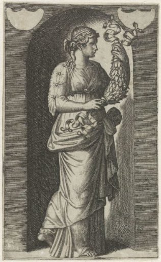 Muse Calliope with garland standing in a niche