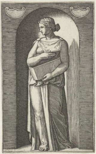 Muse with writing desk standing in a niche