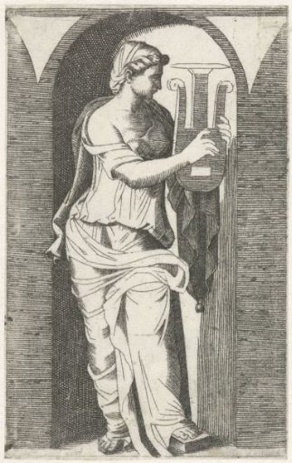 Young woman with lyre standing in a niche