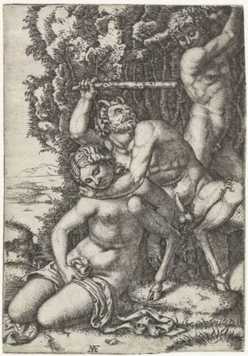 Satyr and young man fighting over a nymph