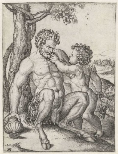 Pan with drinking cup and Bacchus as a child with a bunch of grapes