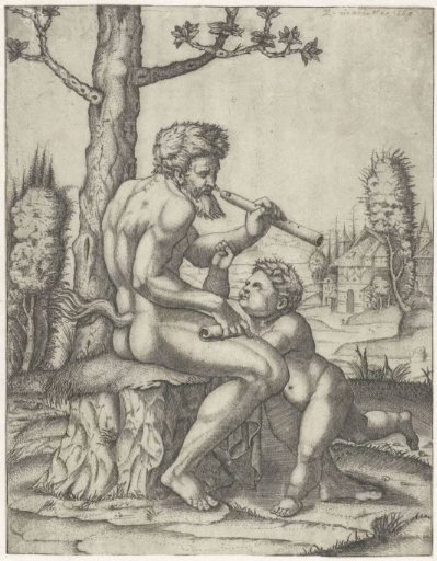Faun playing flute with child