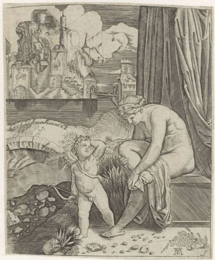 Venus drying herself after bath and Cupid with arrow and bow in landscape