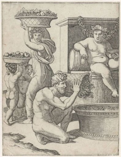 Bacchus watching a man and woman and two children carrying baskets of grapes for the making of wine