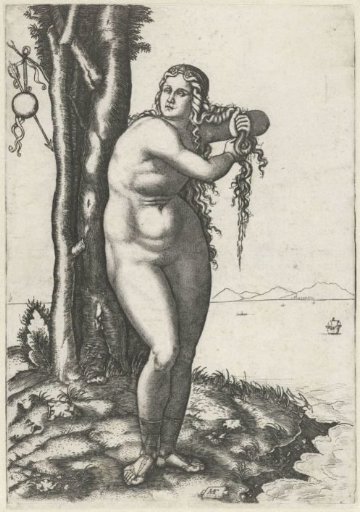 Venus standing on the water's edge and wringing water from her hair