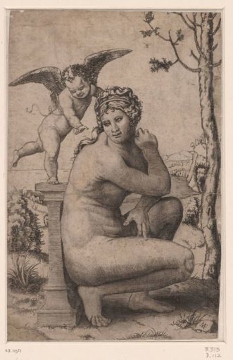 Venus crouching by a pillar on which Cupid stands