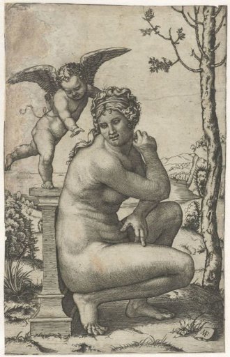 Venus crouching by a pillar on which Cupid stands
