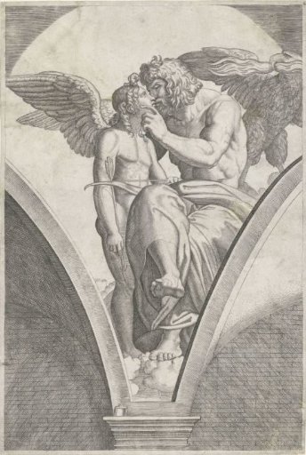 Jupiter with Eagle Embraces Cupid with Arrow and Bow