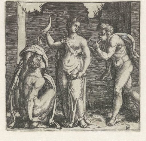 Woman with Crescent Flanked by a Faun Blowing a Horn and a Crouching Man