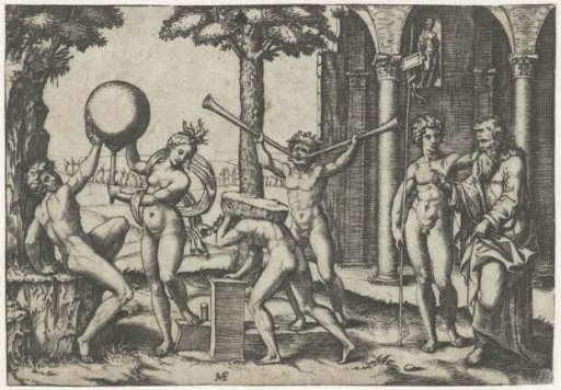 Man with Two Trumpets and Man with Stone on His Back Flanked by Man and Woman with Globe and Old and Young Man