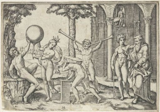 Man with Two Trumpets and Man with Stone on His Back Flanked by Man and Woman with Globe and Old and Young Man
