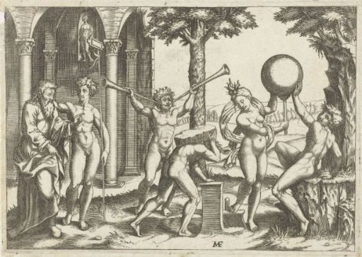 Man with Two Trumpets and Man with Stone on His Back Flanked by Man and Woman with Globe and Old and Young Man