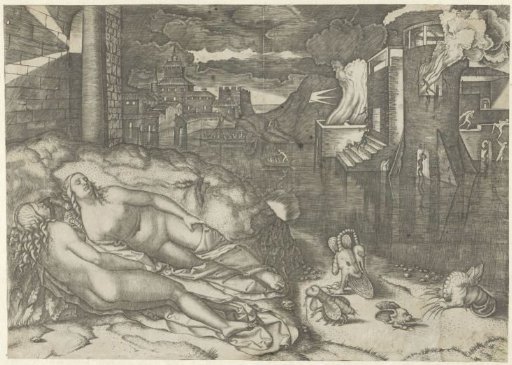 Landscape with Two Naked Sleeping Women and Fantastical Creatures on the Bank by Water with Burning Building