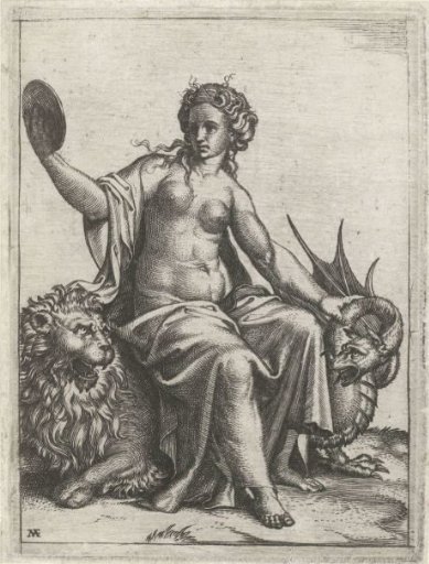 Prudence (Prudentia) with Mirror Sitting on Lion Holds a Dragon in Check