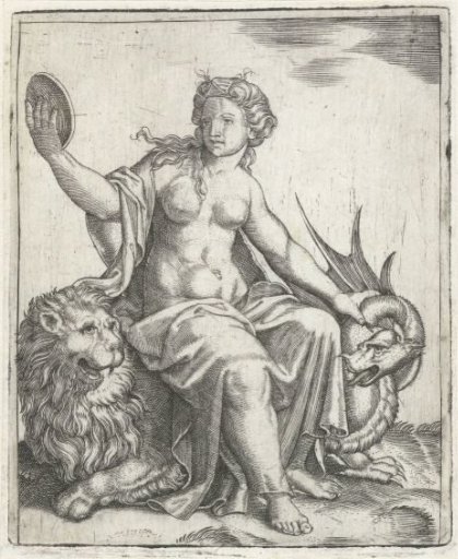 Prudence (Prudentia) with Mirror Sitting on Lion Holds a Dragon in Check