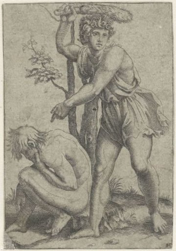 Crouching Naked Man Beaten by Man with Fox Tail