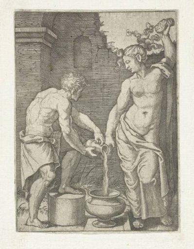 Half-Naked Woman Washes Herself with Sponges and Male Servant Pours Water into Vat