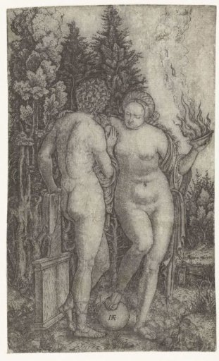 Young Man Protected by Woman with Globe and Offering Bowl as Personification of Fortune (Fortuna)