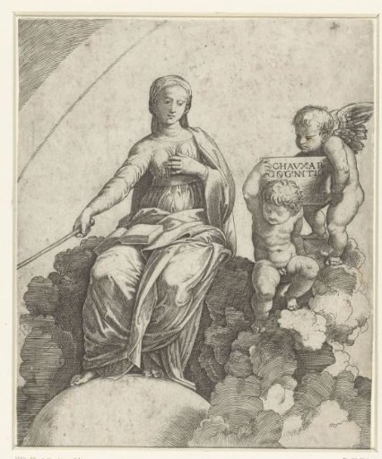 Woman with Book and Scepter as Personification of Philosophy, Sitting on Clouds with Feet Resting on a Globe, with Two Putti Beside Her