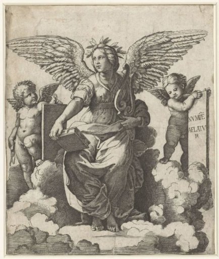 Winged Woman as Muse of Poetry, with Book and Lyre, Sitting on Clouds Flanked by Putti