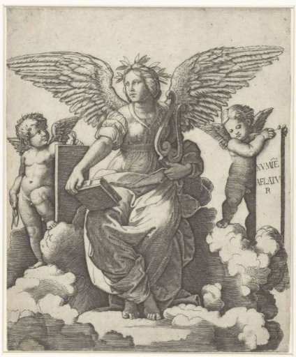 Winged Woman as Muse of Poetry, with Book and Lyre, Sitting on Clouds Flanked by Putti