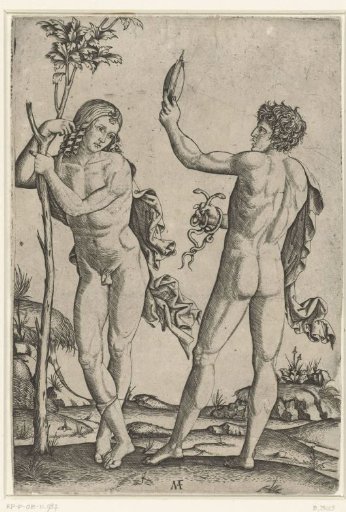 Naked Man Leaning against a Tree and Naked Man with Mirror and Two Snakes