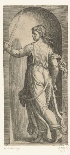Woman as Personification of Justice (Justitia) with Scales and Sword, Standing in a Niche