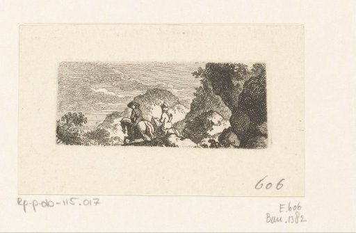 Two men on horseback in a rocky landscape