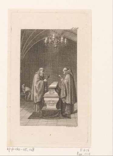 Two monks stand beside the sarcophagus while Hedwig kneels in prayer