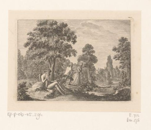 Landscape with a young man looking at the silhouette of a woman and later asking her for her hand