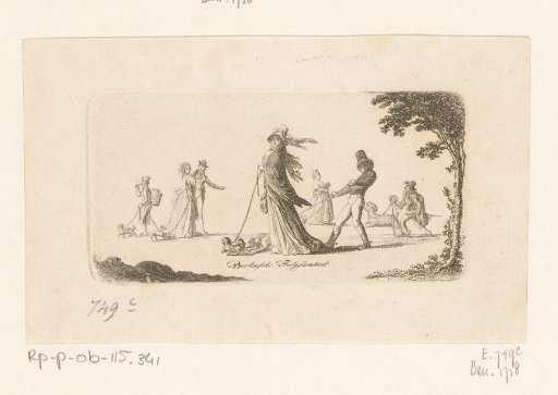 Walkers with Leashed Dogs to the Left of a Tree