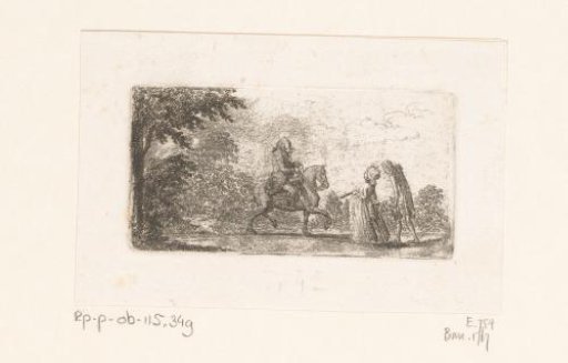 Small Man on Horseback, Approached by a Man and Woman