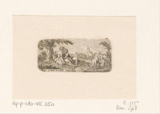 Shepherd Couple Showing Affection under a Tree with Three Sheep on the Right