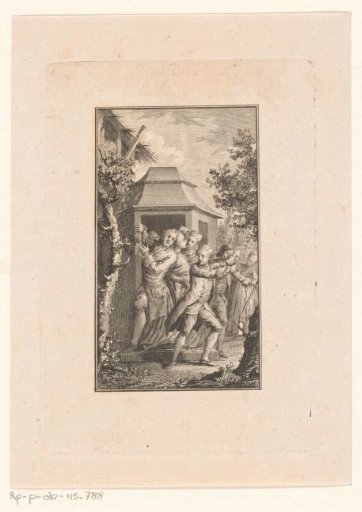 Men and women fleeing through a doorway to the outside
