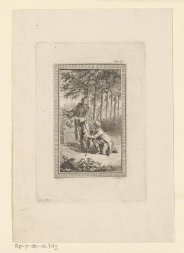 Two men in a garden, one kneeling with a dead bird in his hand