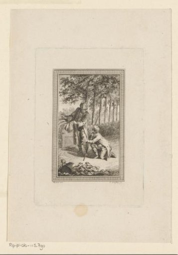 Two men in a garden, one kneeling with a dead bird in his hand