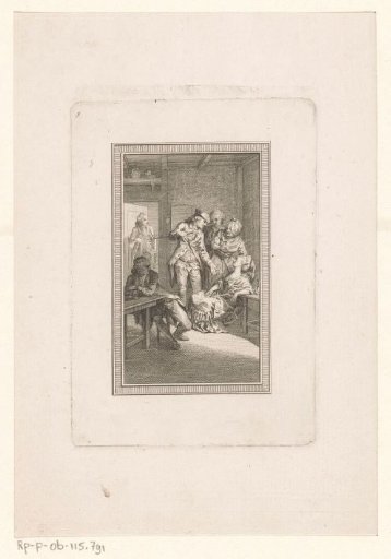 Group of people in a room, three of whom are bending over a reclining woman