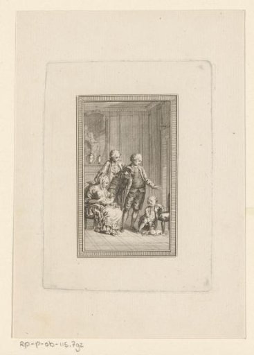 Two men and a woman with child, looking at a boy pointing to a puppy on the ground