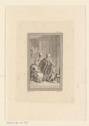 Two men and a woman with child, looking at a boy pointing to a puppy on the ground
