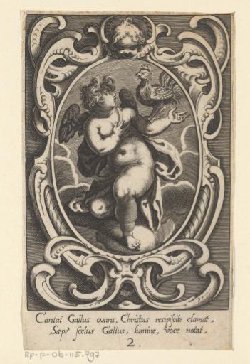 Crowing rooster carried by an angel