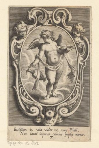 Jug and plate, carried by an angel