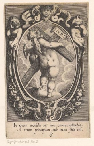 Cross with inscription, carried by an angel