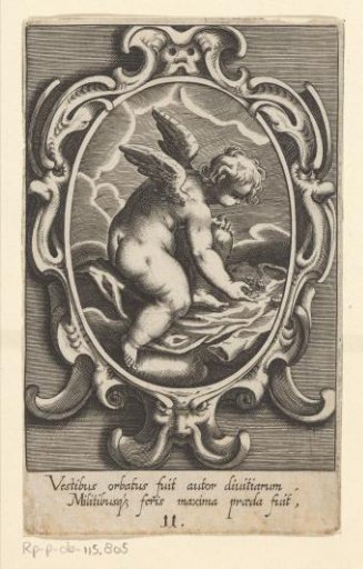 Angel playing dice, seated on a shirt