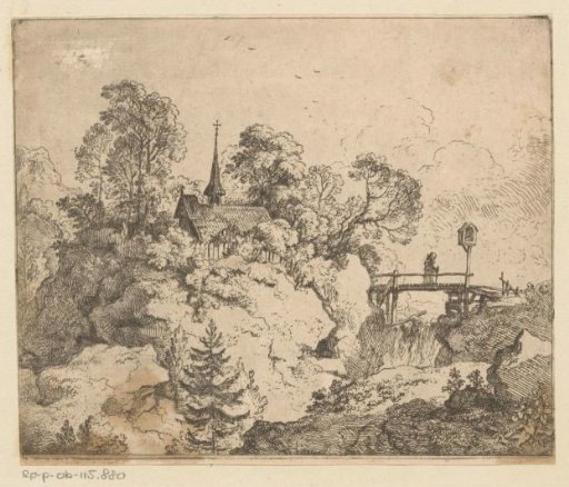 Landscape with Church and a Hermit on the Bridge to the Left