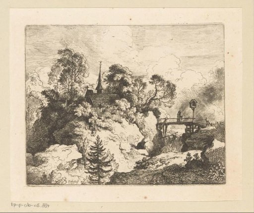 Landscape with Church and a Hermit on the Bridge to the Left