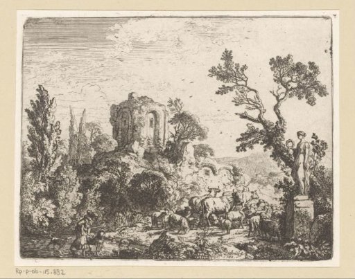 Mountain Landscape with Ruin and a Flock of Animals by the Statue of Flora