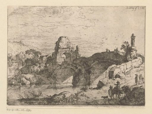 Landscape with the ruin of a gate next to a dilapidated bridge